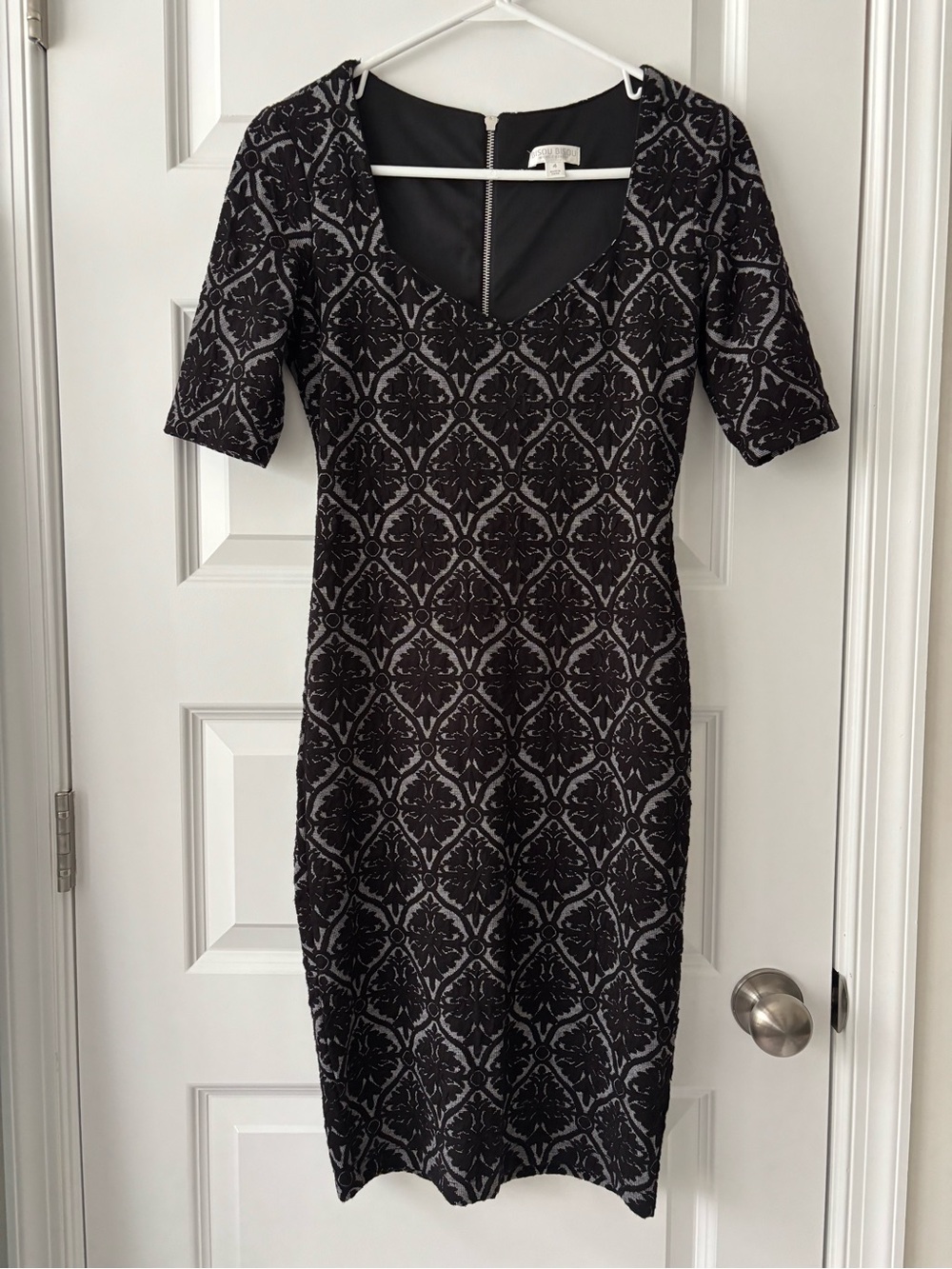 Bisou Bisou Classic Black & Gray Patterned Midi Sheath Dress 4